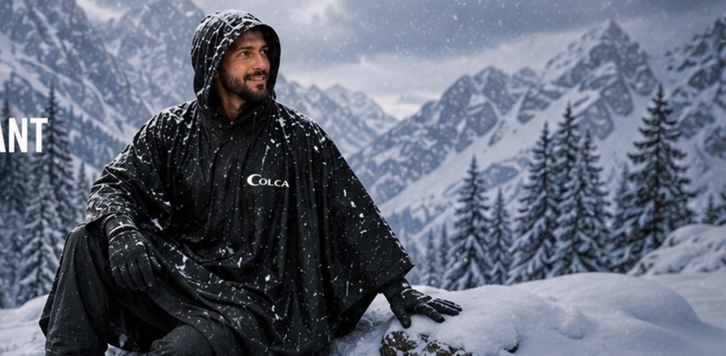 A trekker in a poncho seated in falling snow below a mountain range