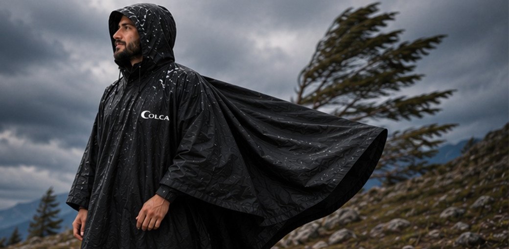 A trekker in a rain poncho on an exposed ridge in high wind