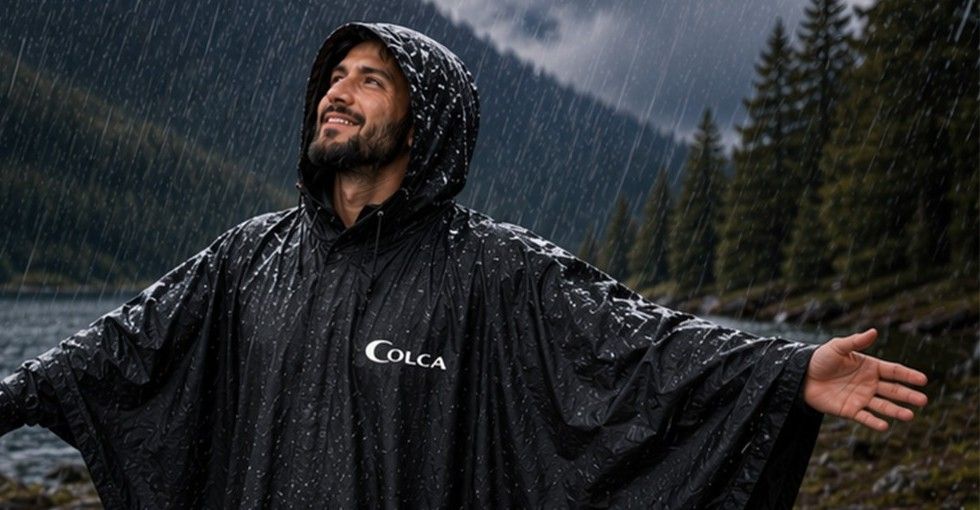 A trekker in a black COLCA rain poncho standing in heavy rain beside a mountain lake