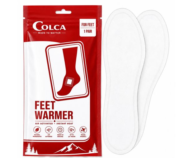 COLCA Feet Warmer insoles beside their packaging