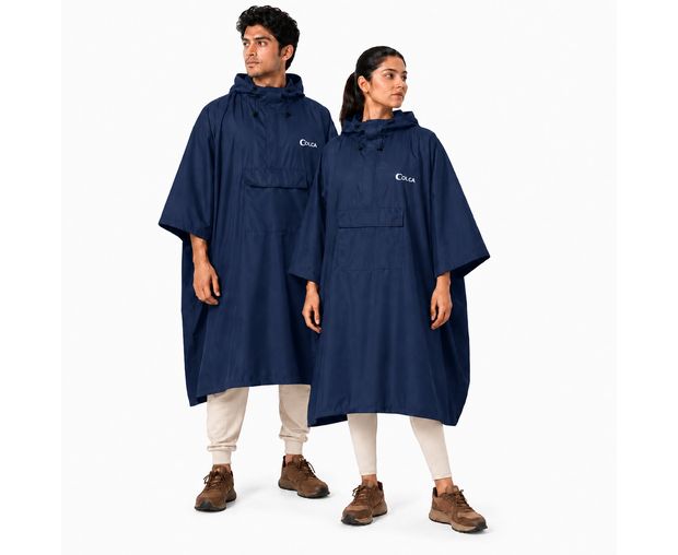 Two people wearing the COLCA Kangaroo Rain Poncho in navy